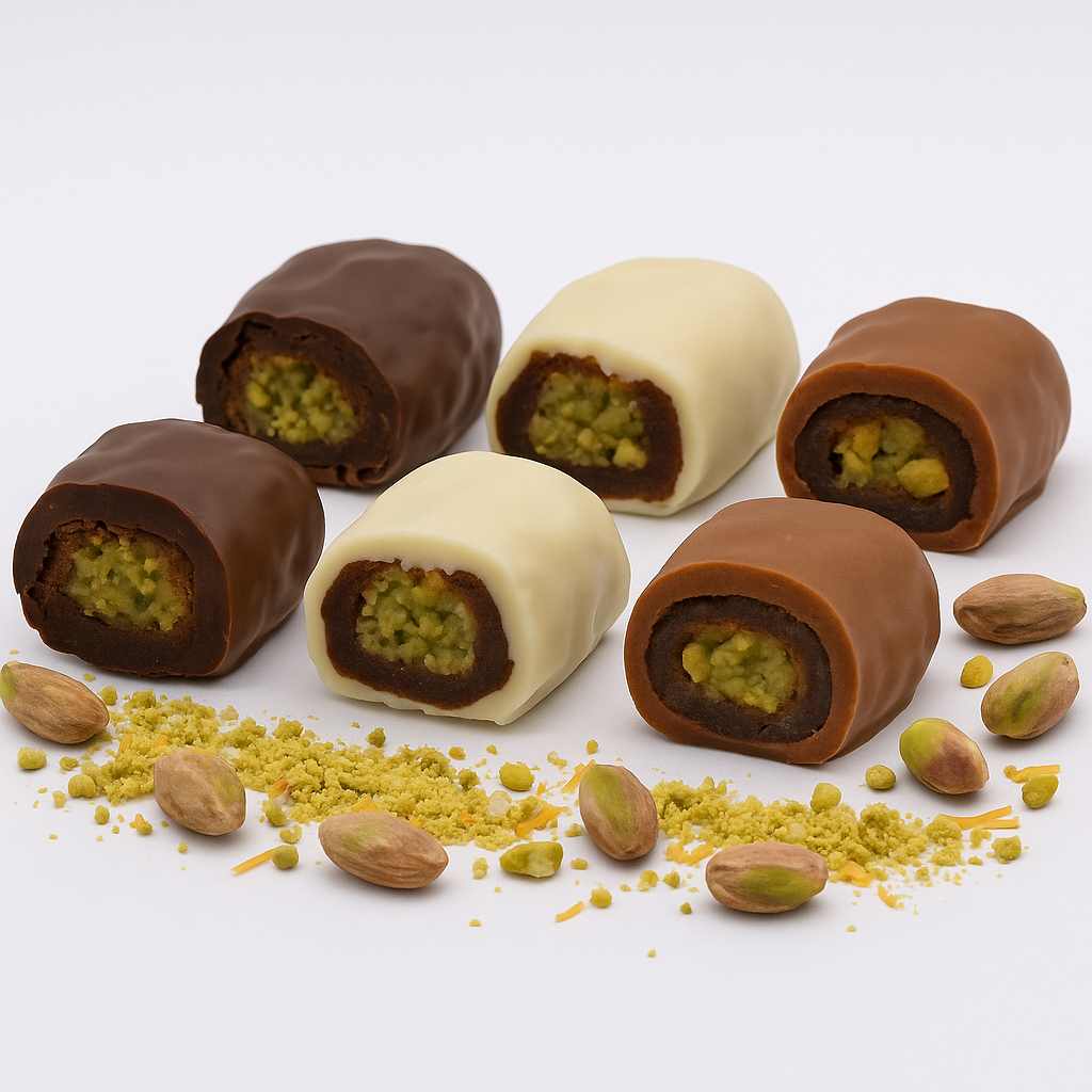 TAWDI Dubai Chocolate Date Delights mixed assortment box with milk, 74% cocoa dark, and velvety white chocolate covered Medjool dates filled with pistachio paste and crispy kunafeh