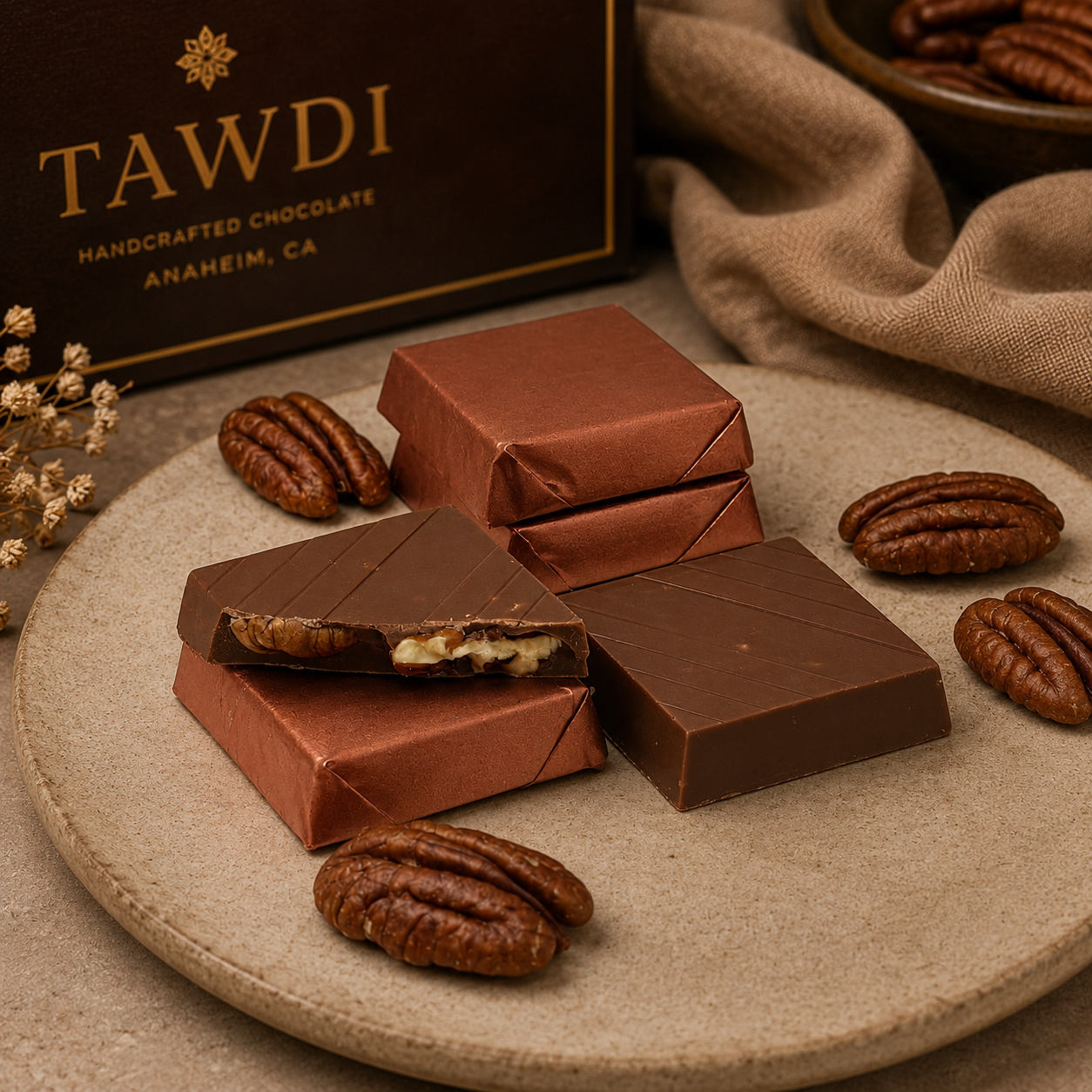 TAWDI Milk Chocolate Pecan Piece – Stuffed, artisan nut piece, Anaheim CA