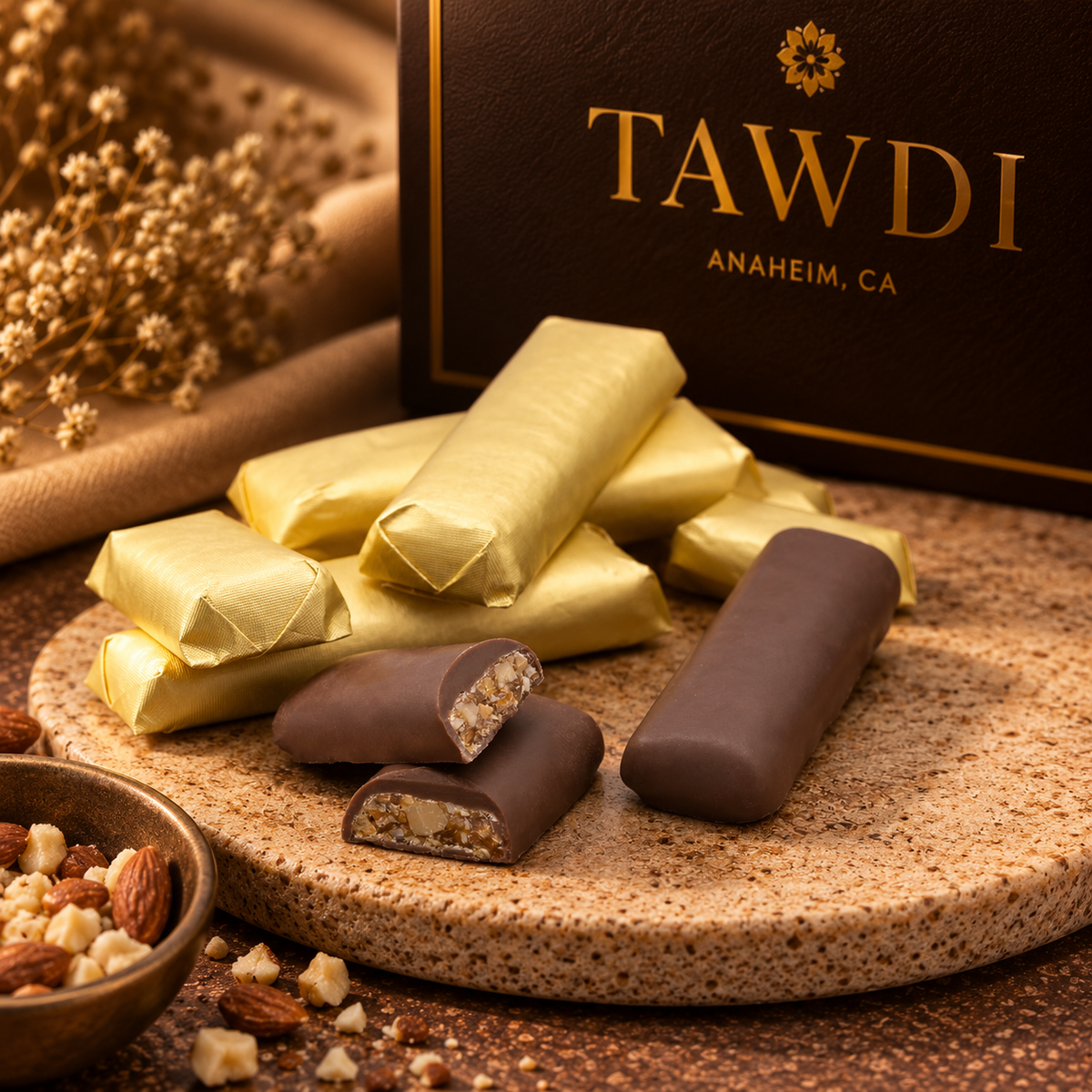 Real milk chocolate-dipped almond brittles wrapped in gold foil, handmade by TAWDI
