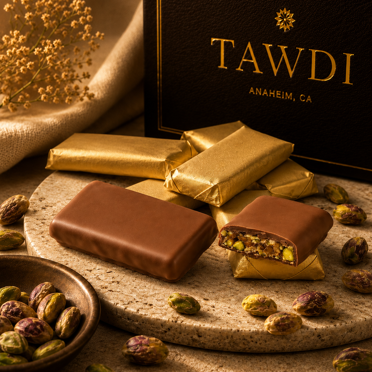 TAWDI Milk Chocolate Pistachio Crocan – Halabi Artisan Brittle, handcrafted in Anaheim CA