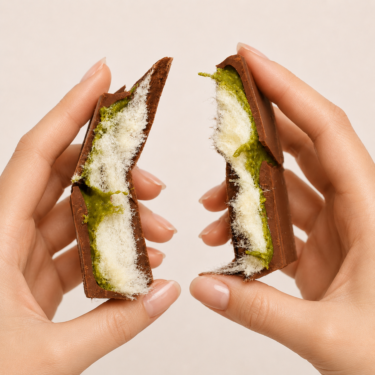 Pistachio Angel Hair Chocolate Bar broken in half, revealing pistachio paste and spun sugar filling