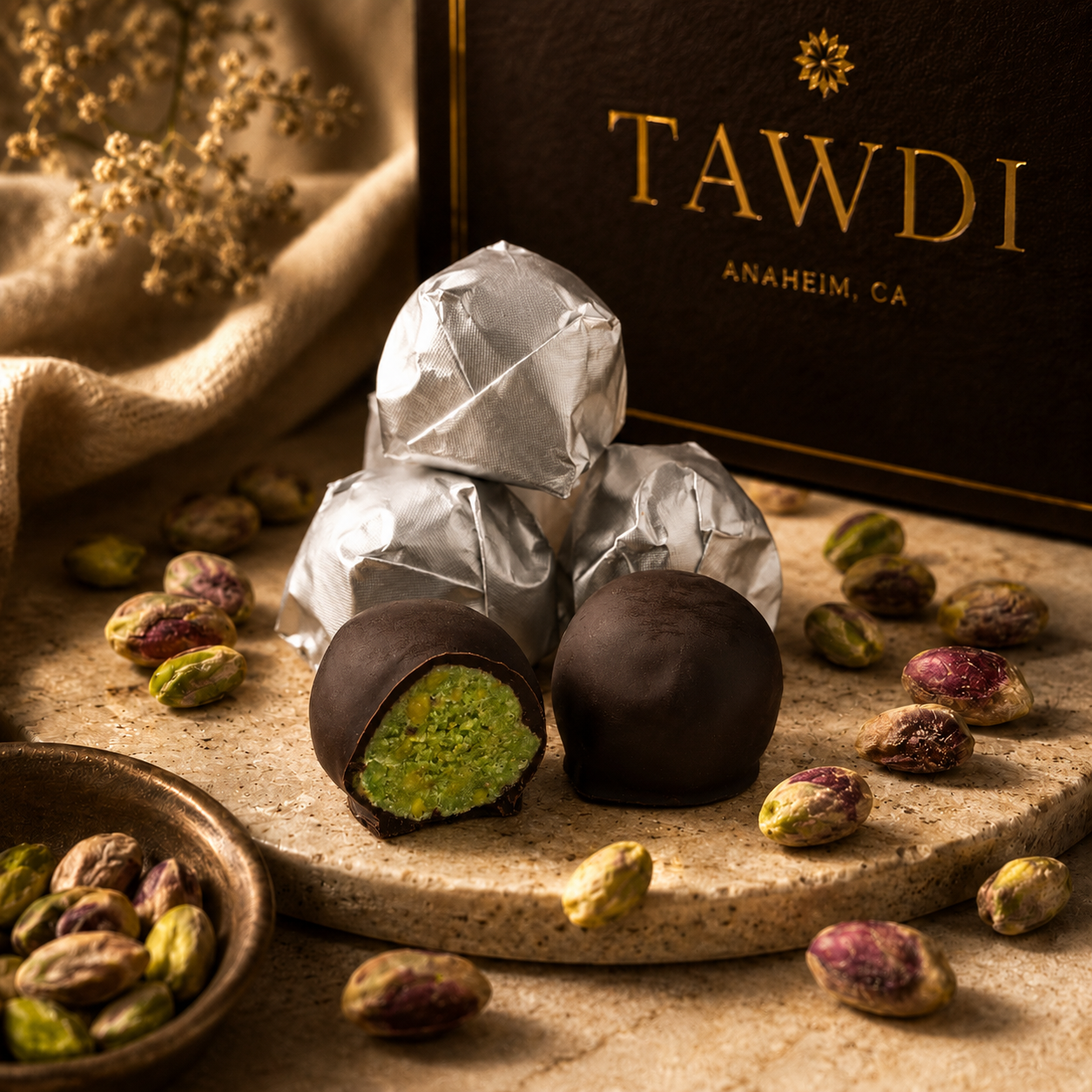 TAWDI Pistachio Dough in dark chocolate, 0.5 lb – handcrafted artisan chocolate confection, Anaheim CA