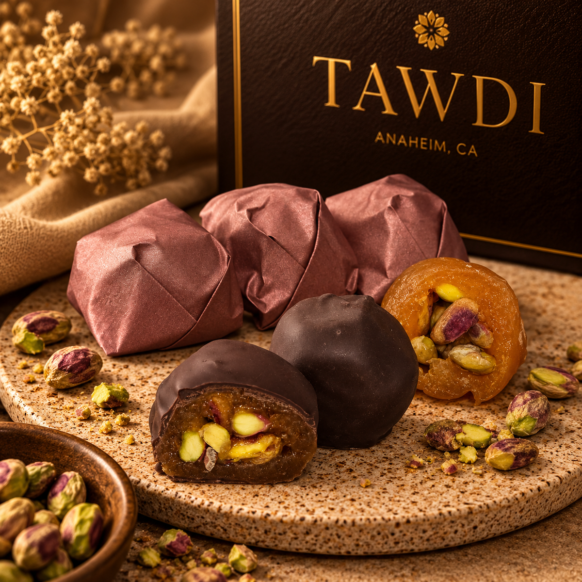 Dark chocolate dried glazed apricots filled with pistachio, one cut open, beside TAWDI wrapped pieces