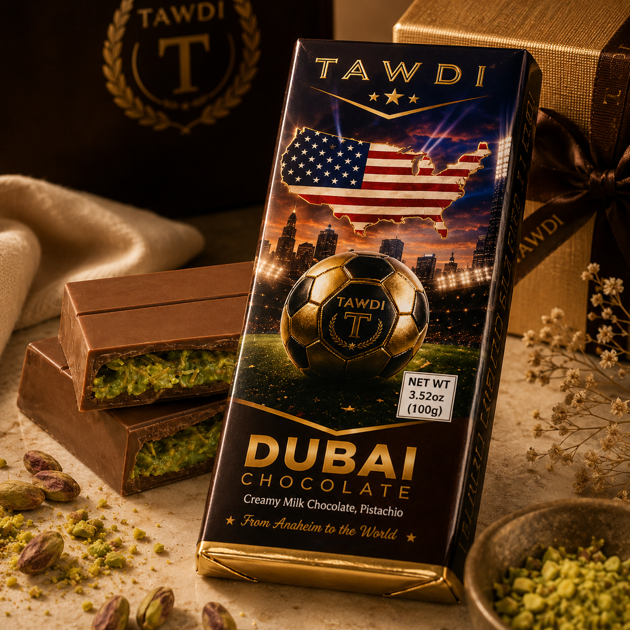 TAWDI World Cup Edition Dubai Chocolate Bar – Milk | 100g, handcrafted pistachio kunafeh filling, limited FIFA World Cup 2026 packaging