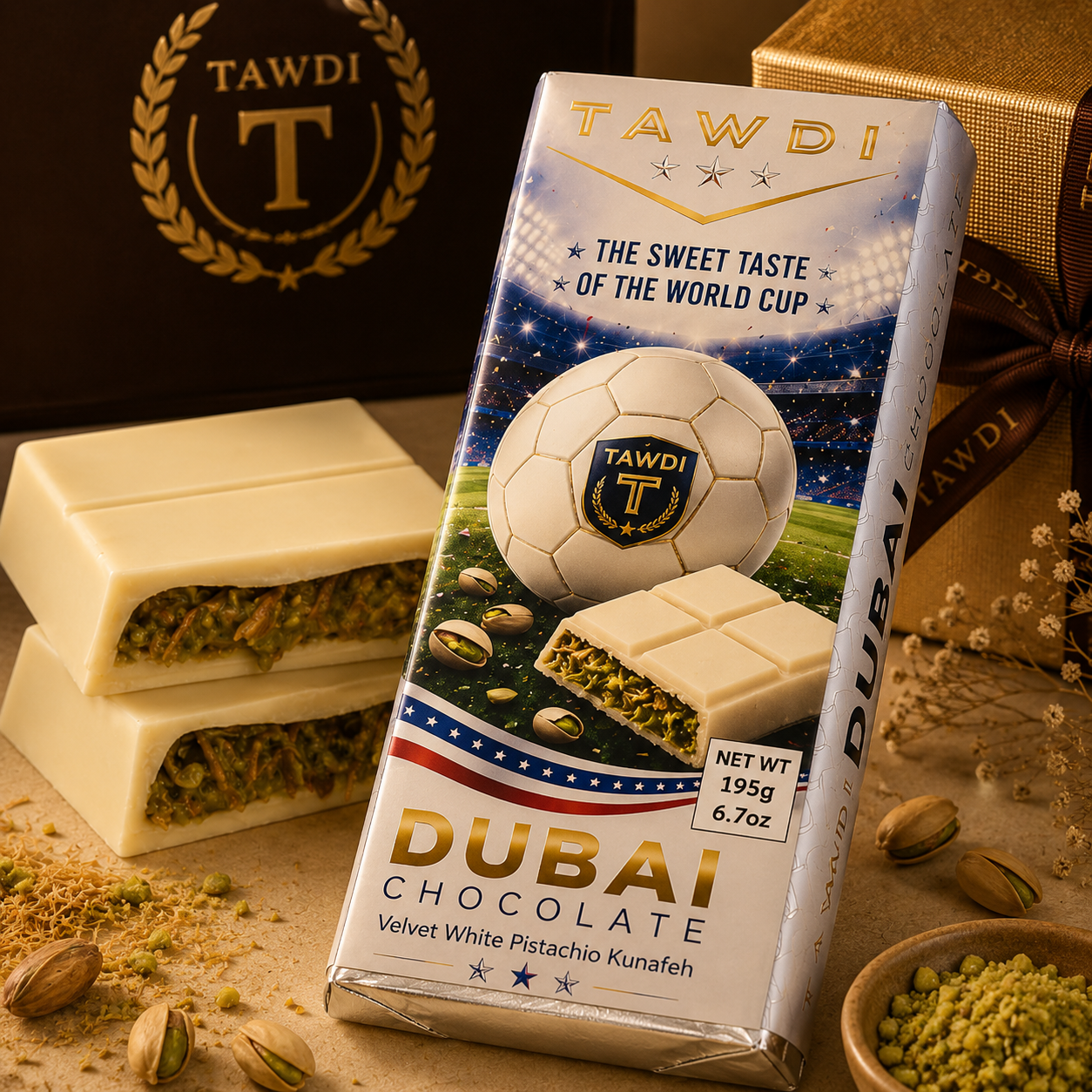 TAWDI World Cup Edition Dubai Chocolate Bar – White | 100g, handcrafted pistachio kunafeh filling, limited FIFA World Cup 2026 packaging