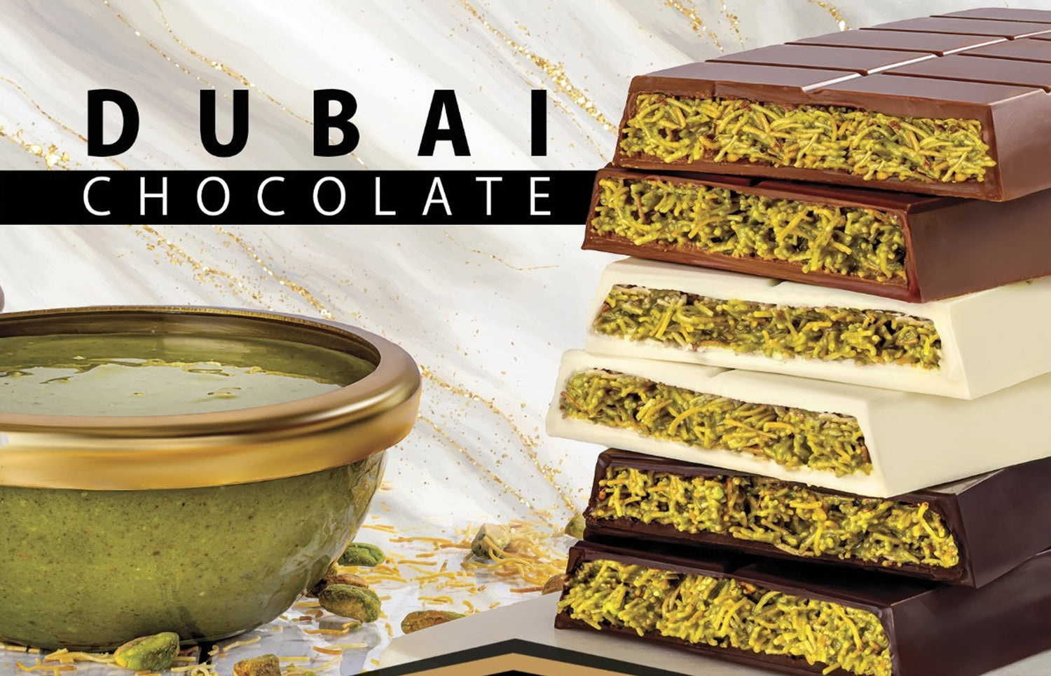 TAWDI Dubai Chocolate Bars – Pistachio Kunafeh in Milk, Dark, and White Chocolate