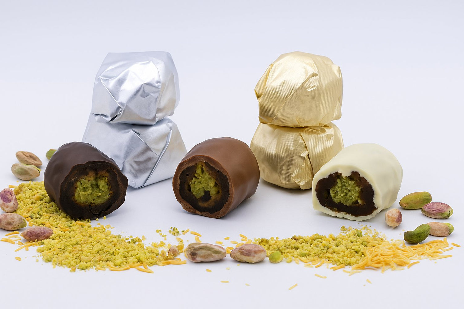Chocolate Covered Dates with Pistachio and Kunafeh – Milk, Dark, White Chocolate