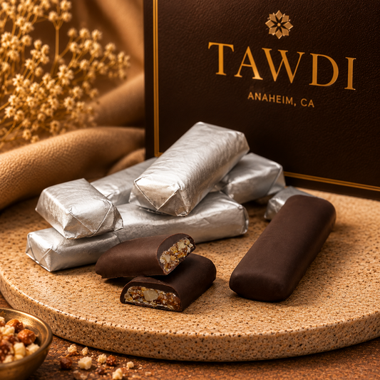 Real dark chocolate-dipped almond brittles, small-batch handmade by TAWDI in Anaheim