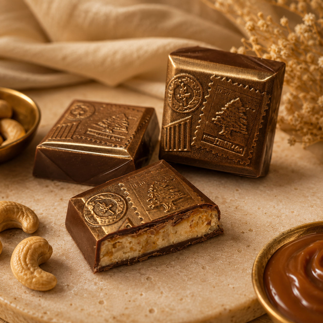 TAWDI Beirut milk chocolate bar with cashew baklava and orange blossom caramel filling, handmade in Anaheim
