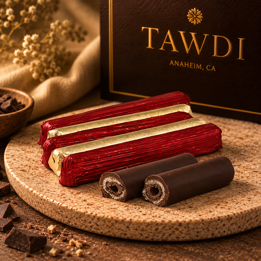 Milk chocolate biscuit fingers with smooth praline filling, handmade by TAWDI