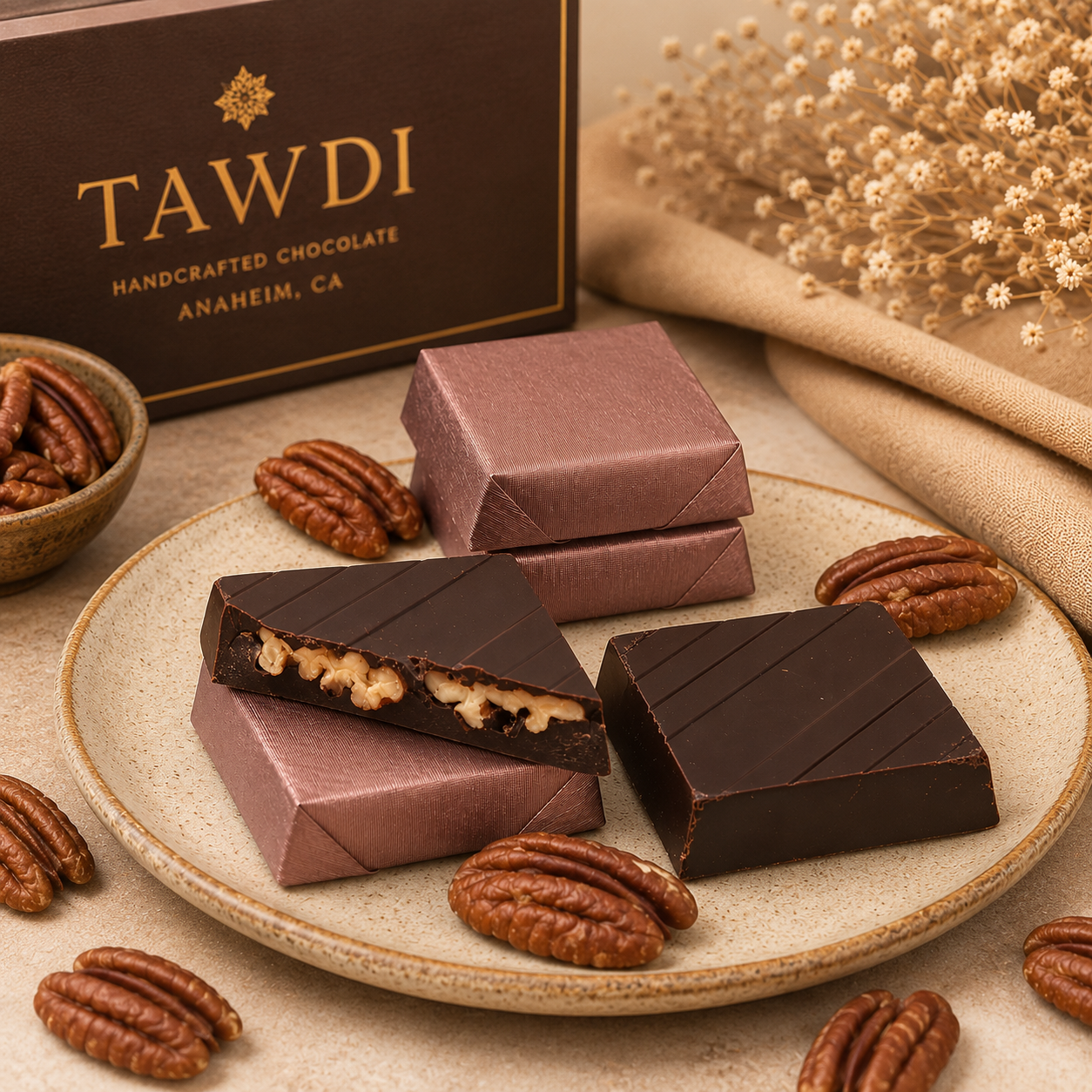 TAWDI Dark Chocolate Pecan Piece – Stuffed, artisan nut piece, Anaheim CA