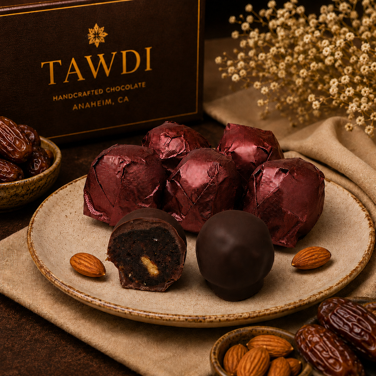 TAWDI Dark Chocolate Medjool Date with Almond, 1 lb – handcrafted chocolate-covered dates, Anaheim CA