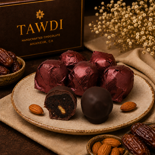 TAWDI Dark Chocolate Medjool Date with Almond, 1 lb – handcrafted chocolate-covered dates, Anaheim CA