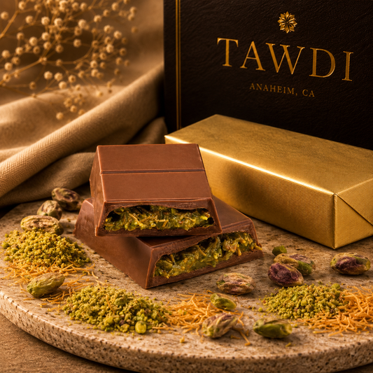 TAWDI Dubai Chocolate Bar – Creamy Milk Pistachio Kunafeh, 100g, handcrafted in Anaheim CA