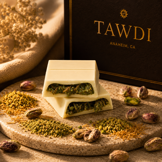 TAWDI Dubai Chocolate Bar – Velvet White Pistachio Kunafeh, 100g, handcrafted in Anaheim CA