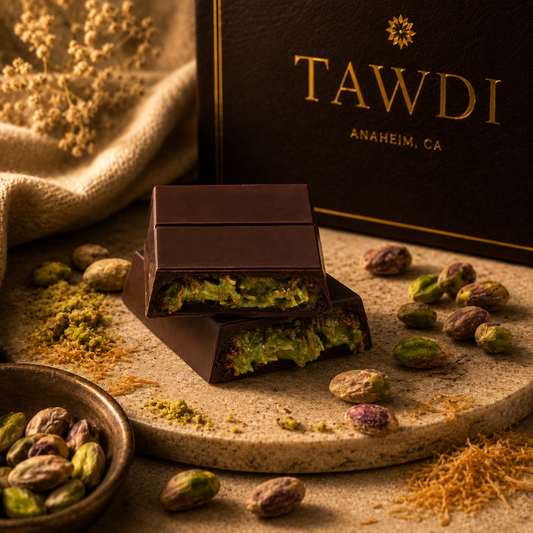 TAWDI Dubai Chocolate Bar – Bitter Dark Pistachio Kunafeh, 100g, handcrafted in Anaheim CA