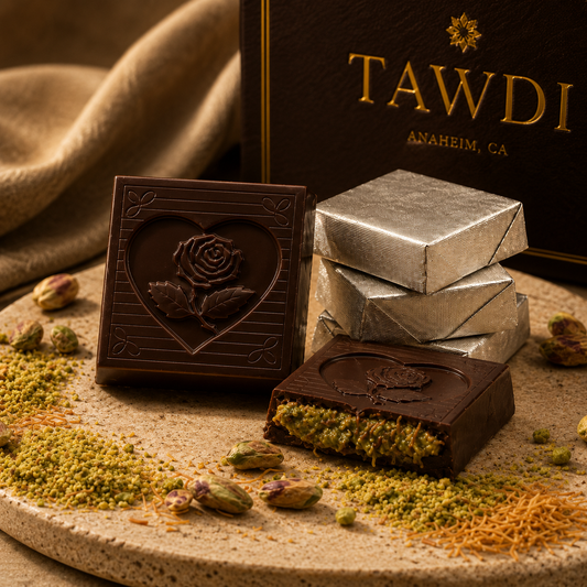 TAWDI Dubai Chocolate – Bitter Dark Pistachio Kunafeh, 30g mini bar, handcrafted in Anaheim CA