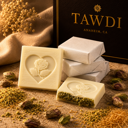 TAWDI Dubai Chocolate – Velvet White Pistachio Kunafeh, 30g mini bar, handcrafted in Anaheim CA