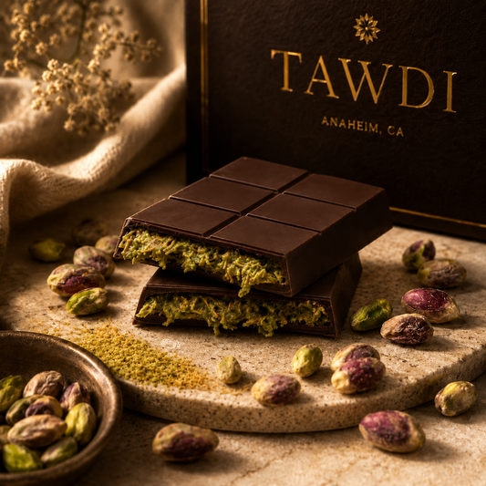 TAWDI Dubai Chocolate Bar – Bitter Dark Pistachio Kunafeh, 200g, handcrafted in Anaheim CA