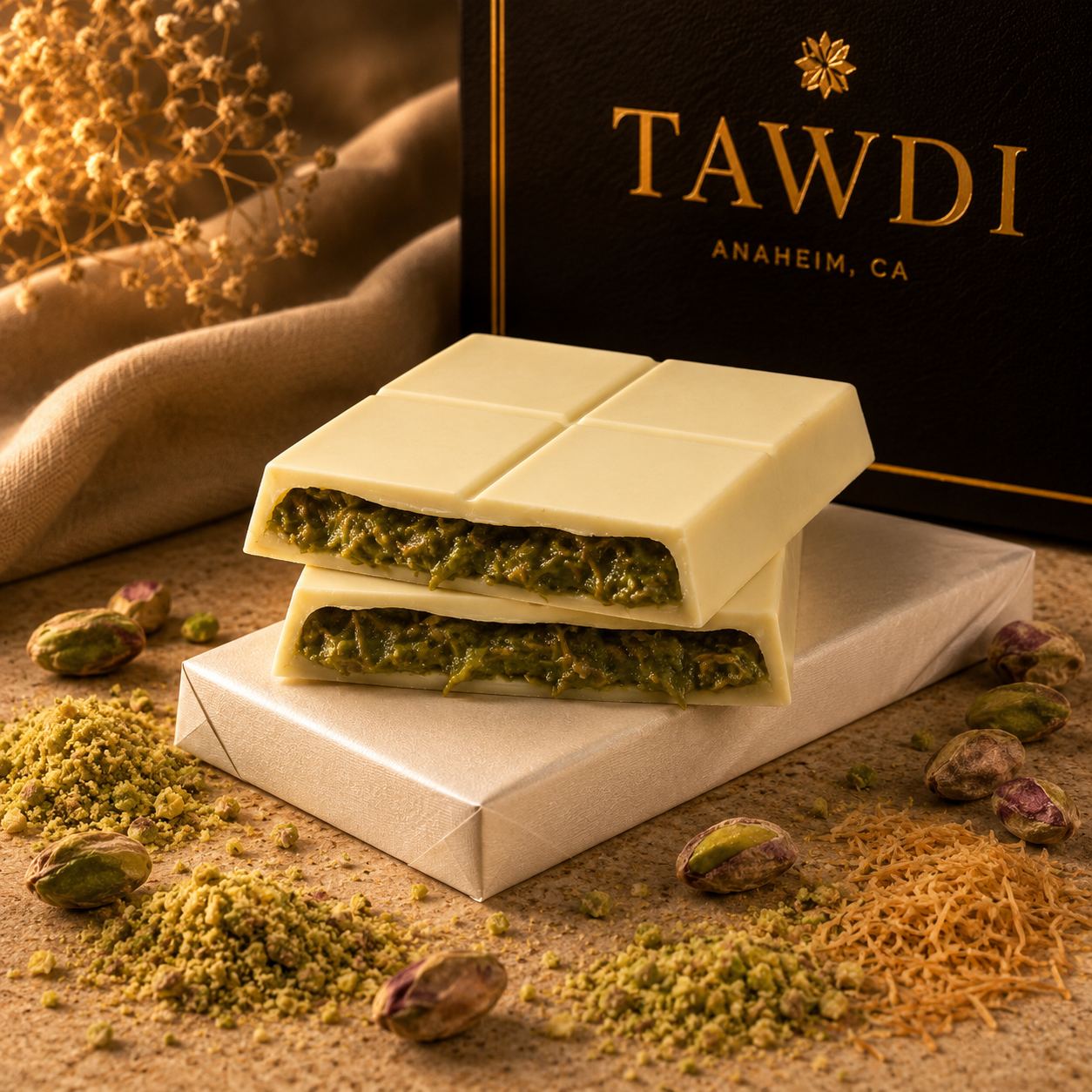 TAWDI Dubai Chocolate Bar – Velvet White Pistachio Kunafeh, 200g, handcrafted in Anaheim CA
