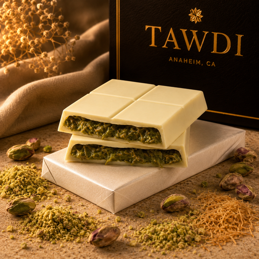 TAWDI Dubai Chocolate Bar – Velvet White Pistachio Kunafeh, 200g, handcrafted in Anaheim CA