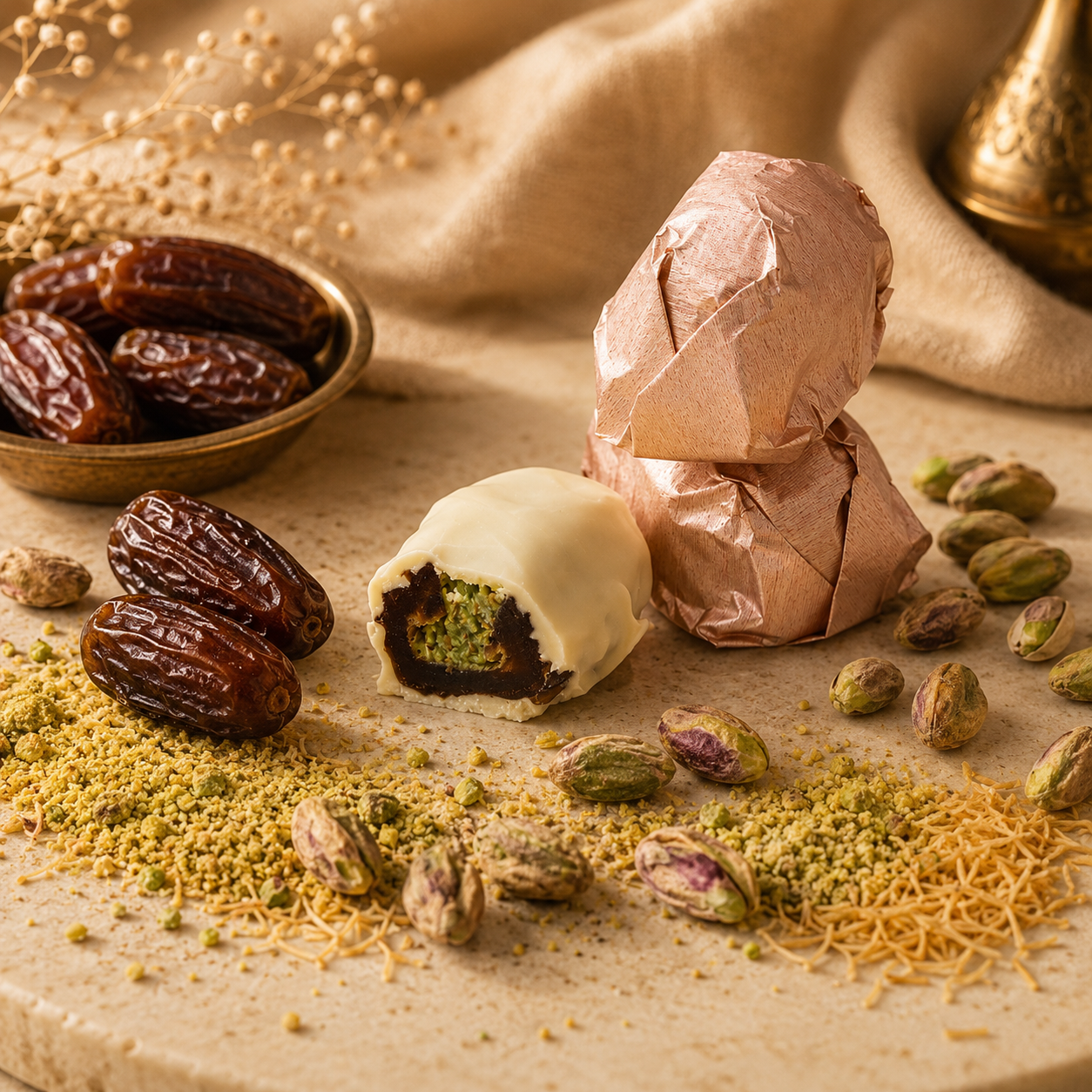 TAWDI Dubai Chocolate Date Delights – Velvet White, Medjool dates with pistachio kunafeh filling, Anaheim CA