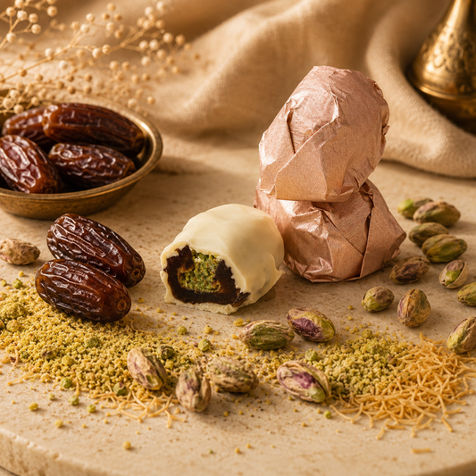 TAWDI Dubai Chocolate Date Delights – Velvet White, Medjool dates with pistachio kunafeh filling, Anaheim CA