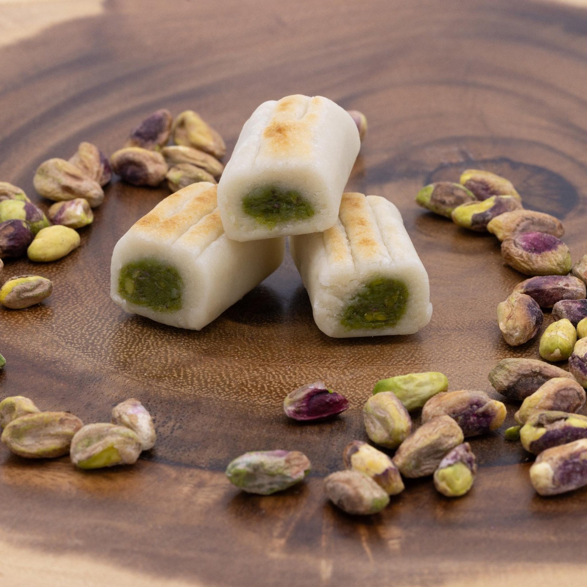 Lozina pistachio marzipan fingers – handcrafted almond sweets filled with crushed pistachios