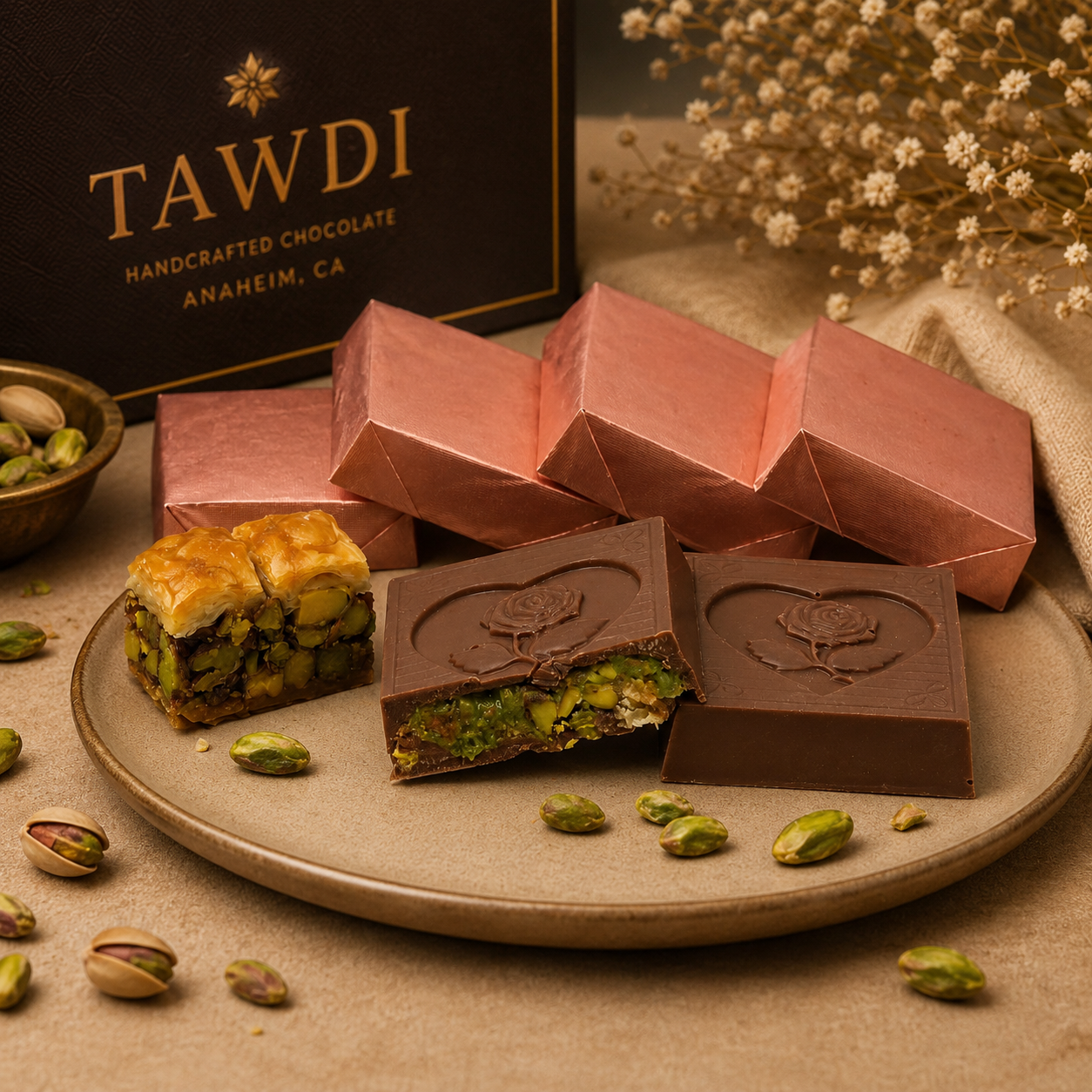 TAWDI Pistachio Baklava Bonbon in milk chocolate – artisan handcrafted bonbon, Anaheim CA