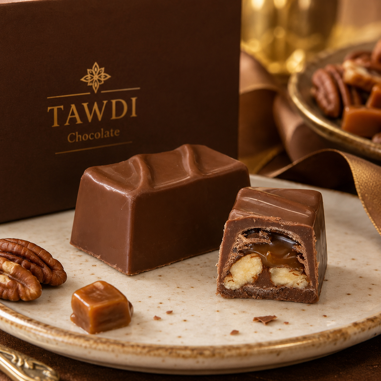 TAWDI Pecan Caramel Bonbon in milk chocolate – artisan handcrafted bonbon, Anaheim CA