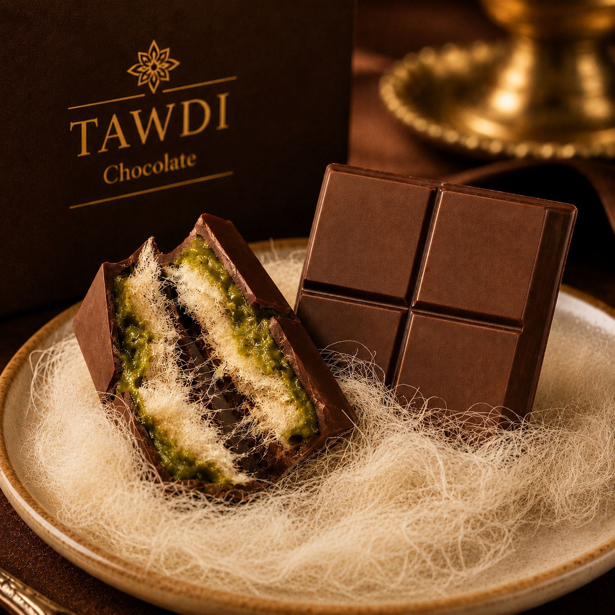 TAWDI Pistachio Angel Hair Chocolate Bar – handcrafted milk chocolate bar filled with pistachio paste and spun sugar