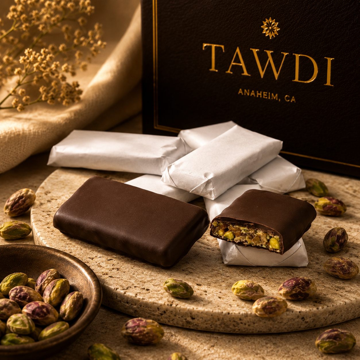TAWDI Dark Chocolate Pistachio Crocan – Halabi Artisan Brittle, handcrafted in Anaheim CA