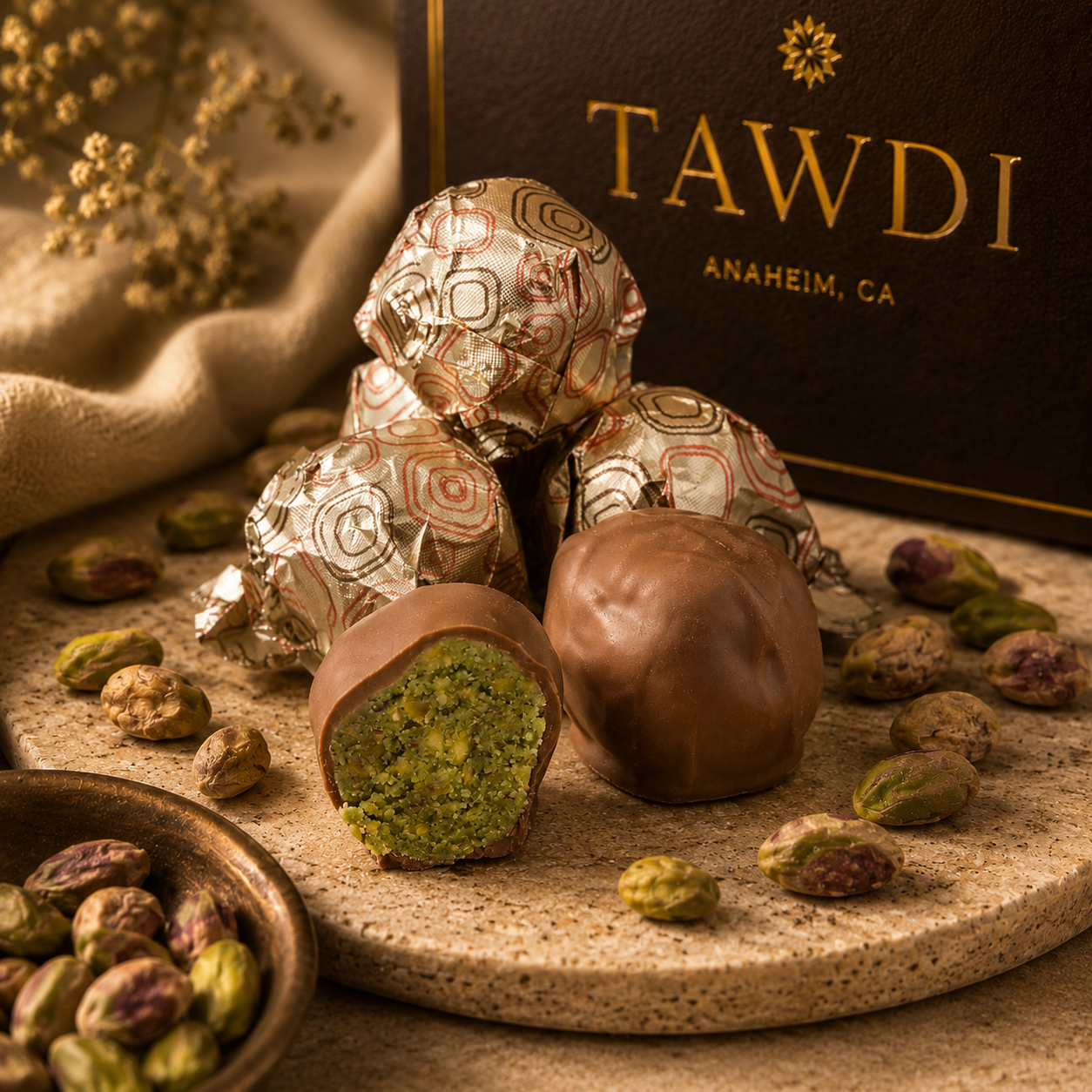 TAWDI Pistachio Dough in milk chocolate, 0.5 lb – handcrafted artisan chocolate confection, Anaheim CA