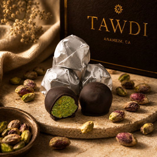 TAWDI Pistachio Dough in dark chocolate, 0.5 lb – handcrafted artisan chocolate confection, Anaheim CA