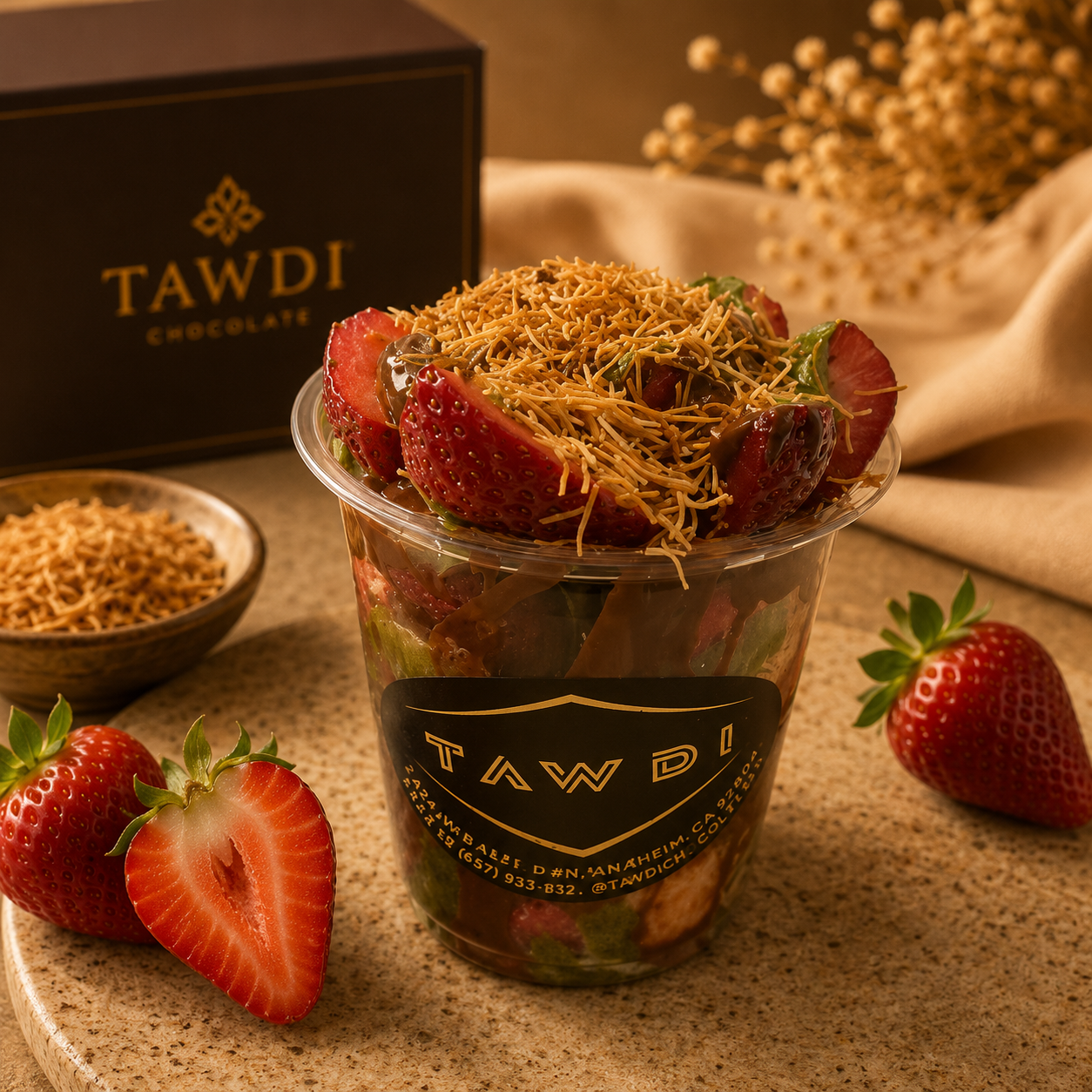 TAWDI Dubai Chocolate Strawberry Cup – 12 oz, chocolate-dipped strawberries with pistachio kunafeh, Anaheim CA pickup only