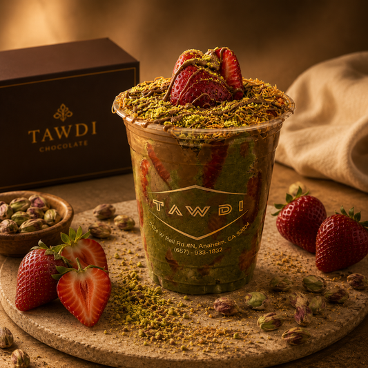 TAWDI Dubai Chocolate Strawberry Cup – 16 oz, chocolate-dipped strawberries with pistachio kunafeh, Anaheim CA pickup only