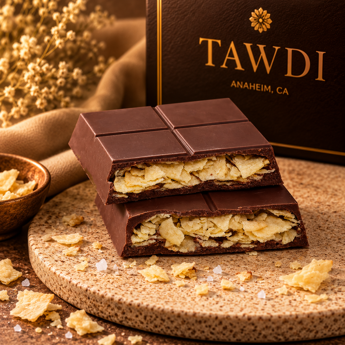Salt & Gold milk chocolate bar cut open to show the crisp potato crisp filling