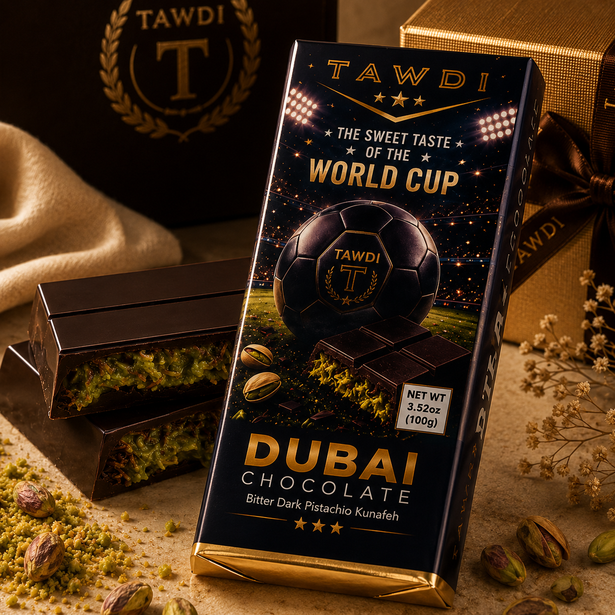 TAWDI World Cup Edition Dubai Chocolate Bar – Dark | 100g, handcrafted pistachio kunafeh filling, limited FIFA World Cup 2026 packaging
