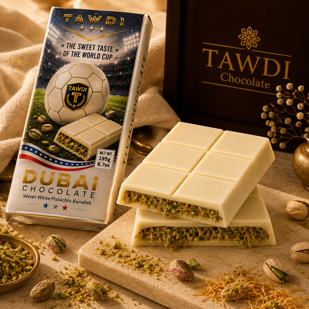 TAWDI World Cup Edition Dubai Chocolate Bar – White | 200g, handcrafted pistachio kunafeh filling, limited FIFA World Cup 2026 packaging