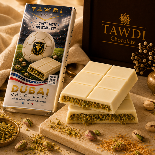 TAWDI World Cup Edition Dubai Chocolate Bar – White | 200g, handcrafted pistachio kunafeh filling, limited FIFA World Cup 2026 packaging